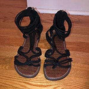 Black suede strappy flat sandals
